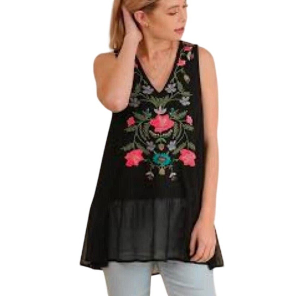 Bluheaven Black Floral Embroidered V-Neck Sleeveless Tunic Ruffle Hem Top SM